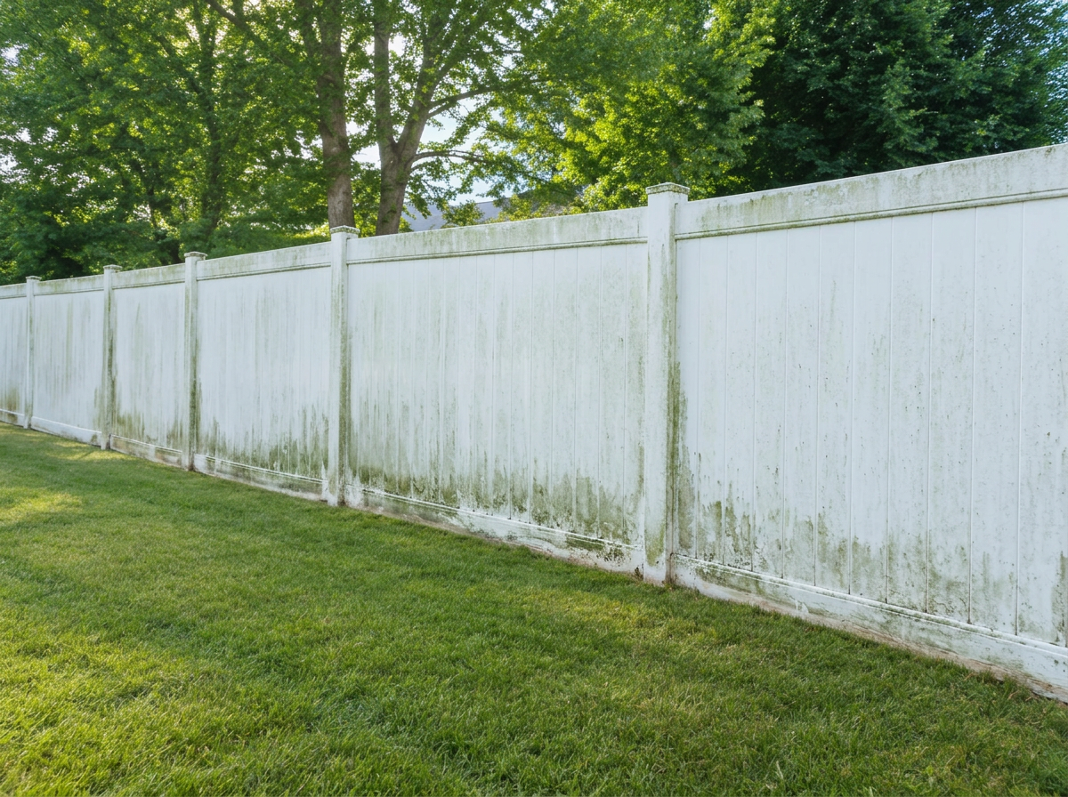 White vinyl fence — before cleaning